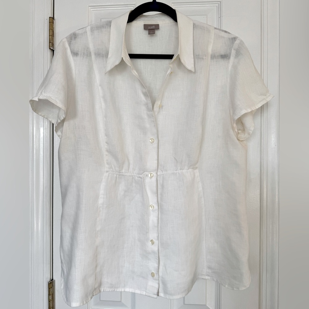 J.Jill 100% Linen Collared Button Down Cinched Short Sleeve White Top Size Large - Picture 2 of 11